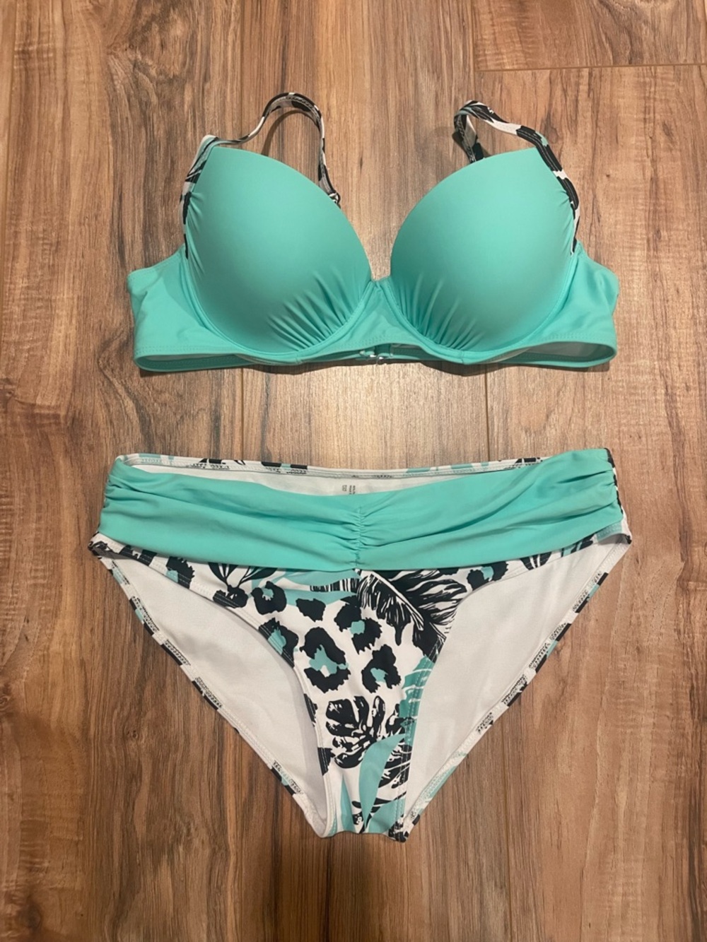 Mint Green Two-Piece Bikini Set with Printed Accents